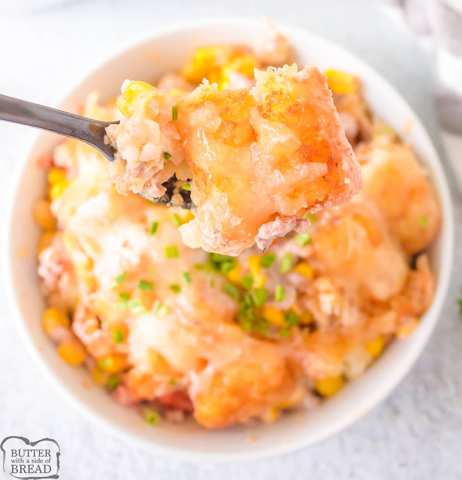 forkful of tater tot casserole with southwest flavors