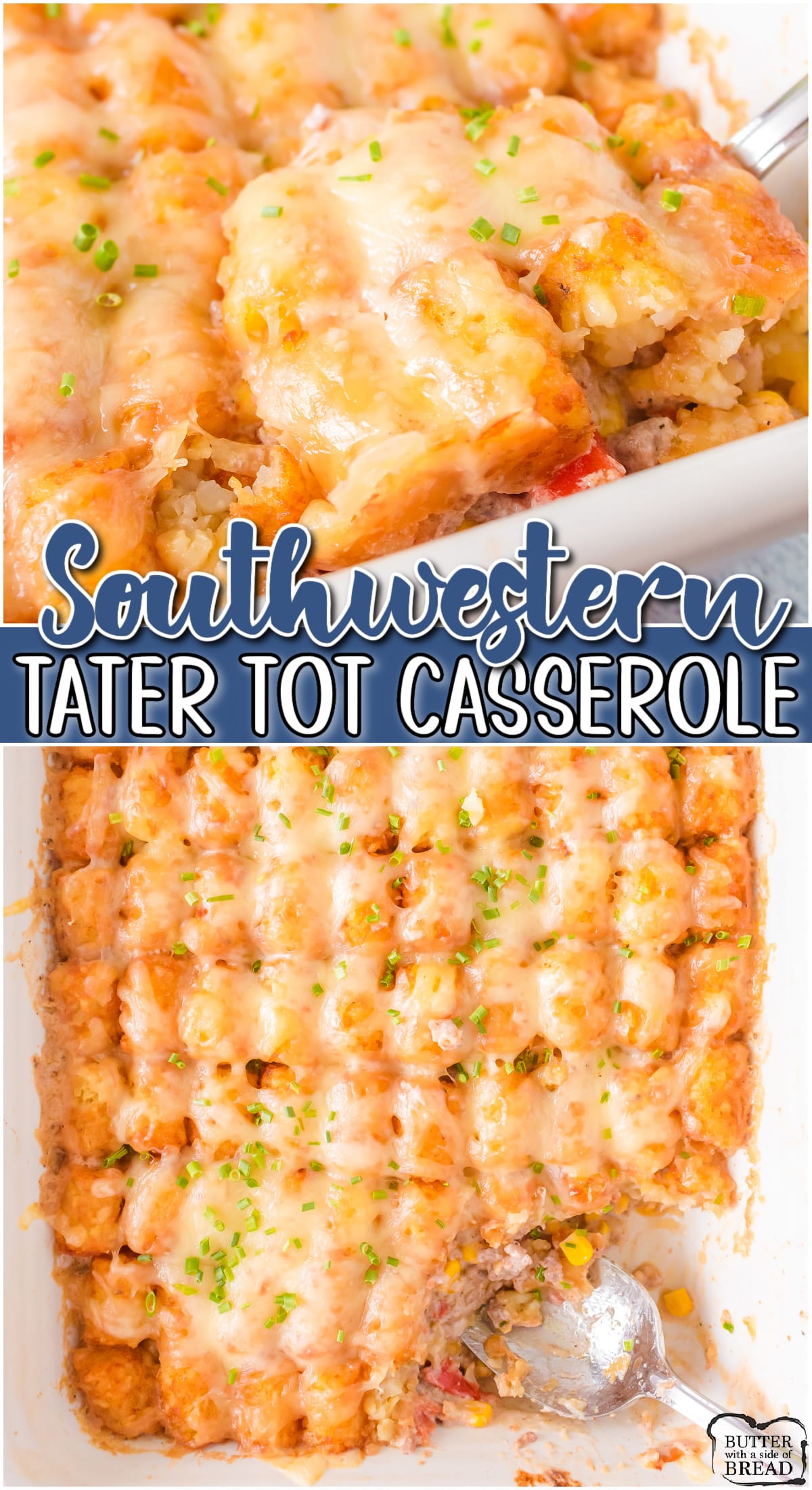 Southwest Tater Tot Casserole a delicious take on classic comfort food! You'll love the zesty flavors in this cheesy ground beef casserole topped with crispy tater tots! 