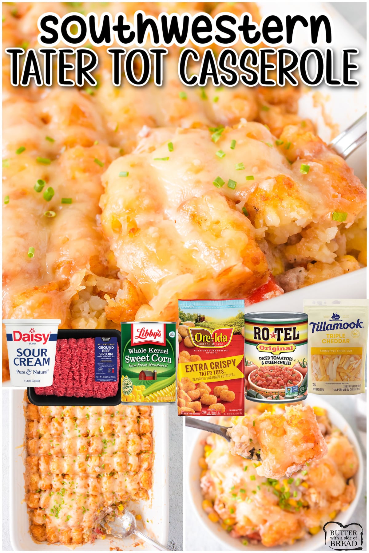 Southwest Tater Tot Casserole a delicious take on classic comfort food! You'll love the zesty flavors in this cheesy ground beef casserole topped with crispy tater tots! 