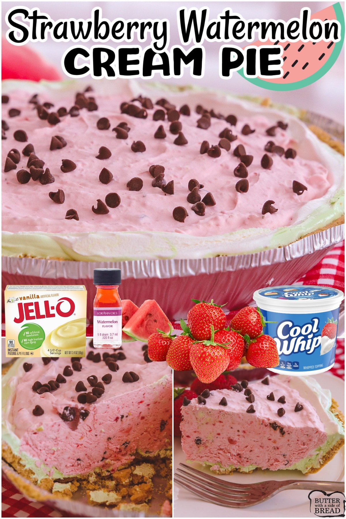 Strawberry Watermelon Cream Pie with fantastic fruit flavor & SUPER CUTE!! Delightful cream pie with chocolate chips that's perfect for summer BBQ's!
