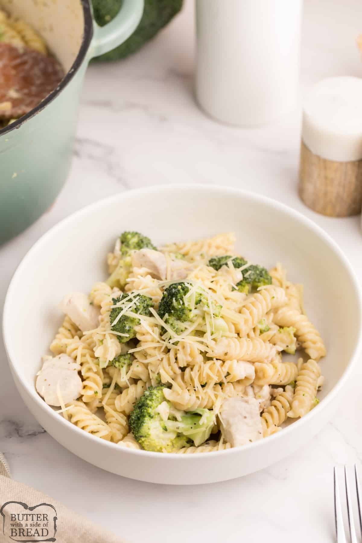 Pasta recipe made with cream sauce, chicken and broccoli