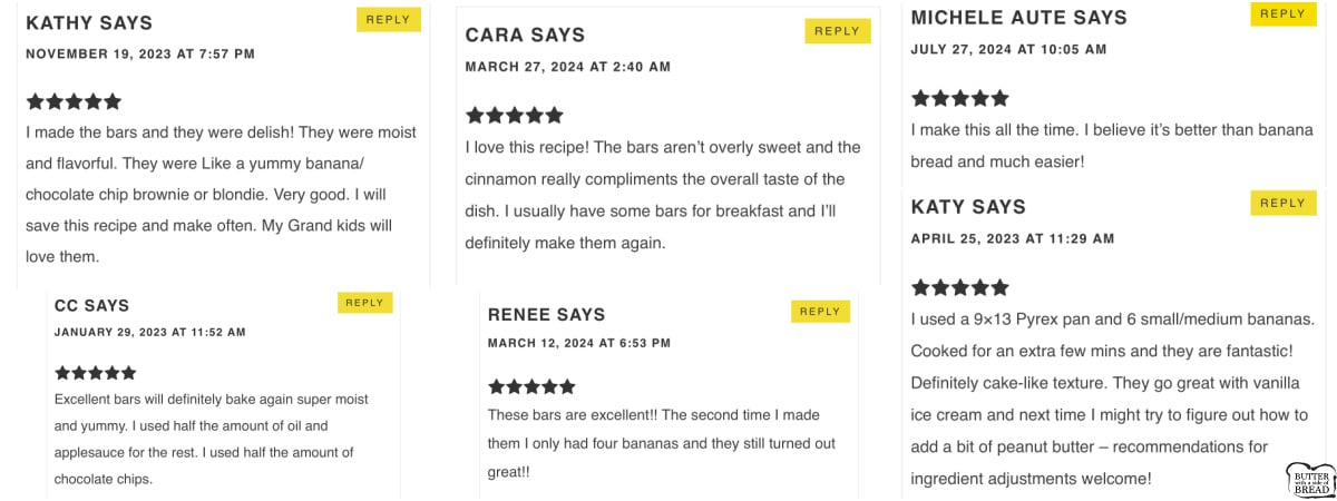 5 star reviews for chocolate chip banana bars