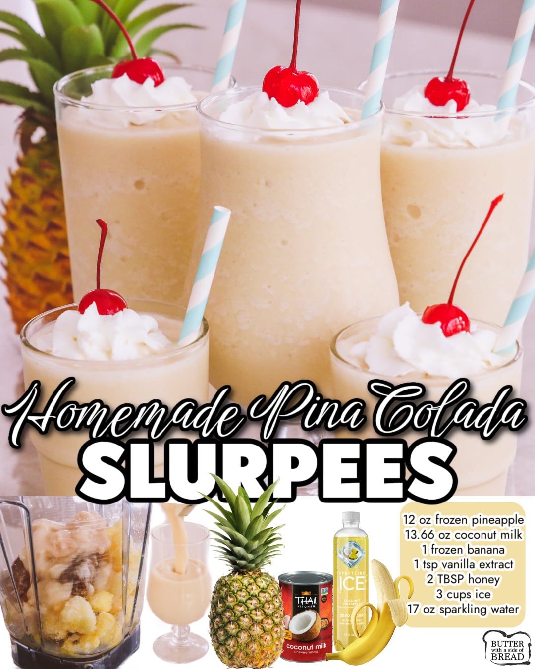 These Homemade Piña Colada Slurpees are made with real frozen pineapple, coconut cream & sparkling water for a nostalgic fizzy tropical treat! Only 260 calories & better than anything from 7-Eleven!
