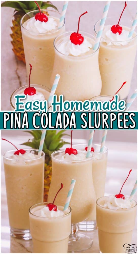 Homemade Pina Colada Slurpees made easy with real ingredients! So much better than anything store-bought, these pina colada slurpees have amazing flavor and that classic fizz everyone loves!