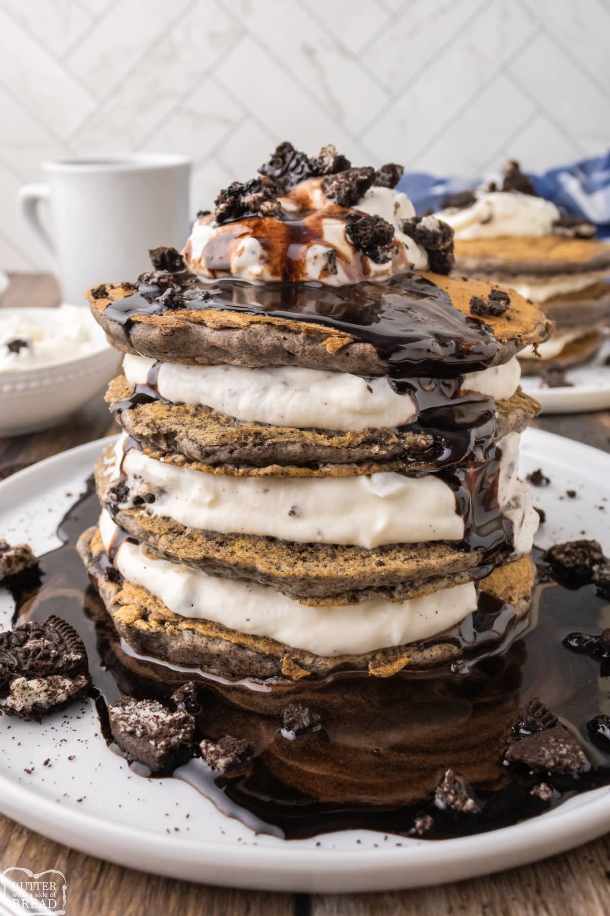 Oreo Pancakes are a delicious twist on the classic breakfast favorite. These light and fluffy pancakes are made with crushed Oreos in the batter, then topped with whipped cream and more crushed Oreos!