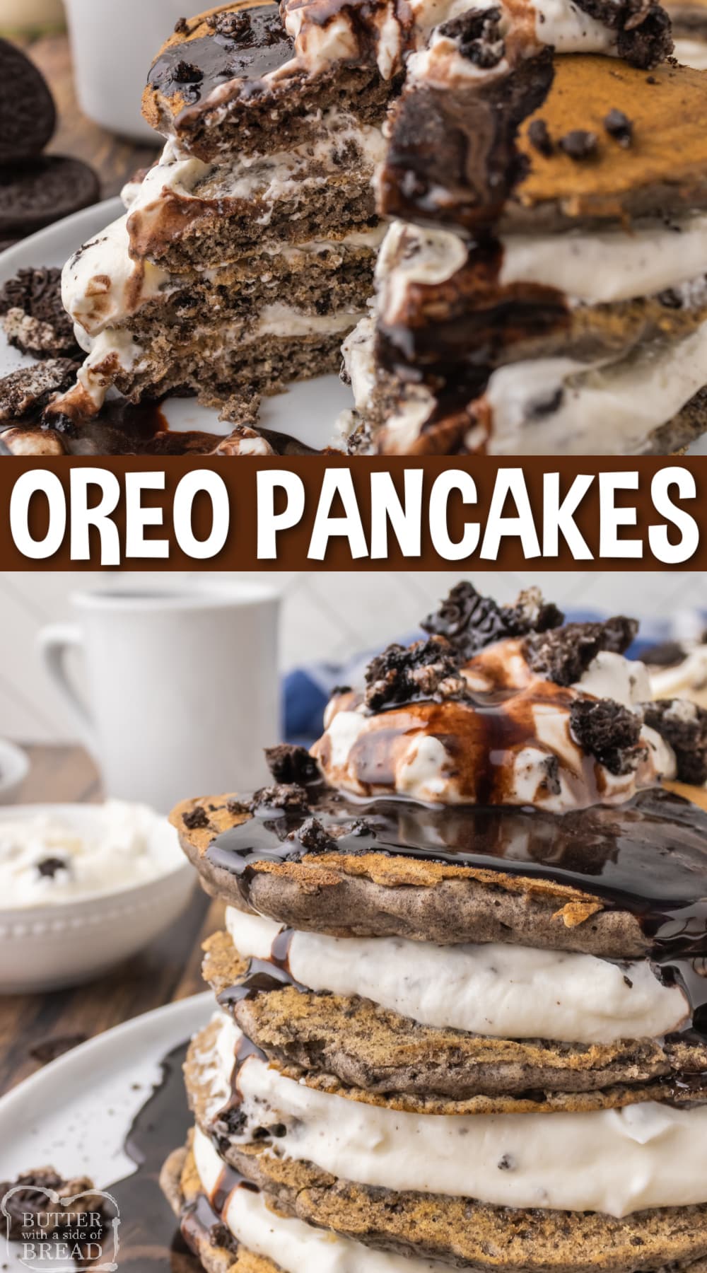 Oreo Pancakes are a delicious twist on the classic breakfast favorite. These light and fluffy pancakes are made with crushed Oreos in the batter, then topped with whipped cream and more crushed Oreos!