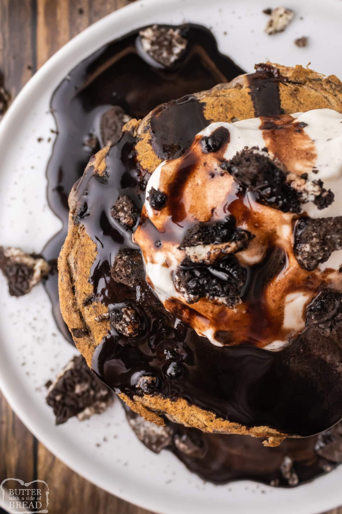Pancakes with crushed Oreos and whipped cream