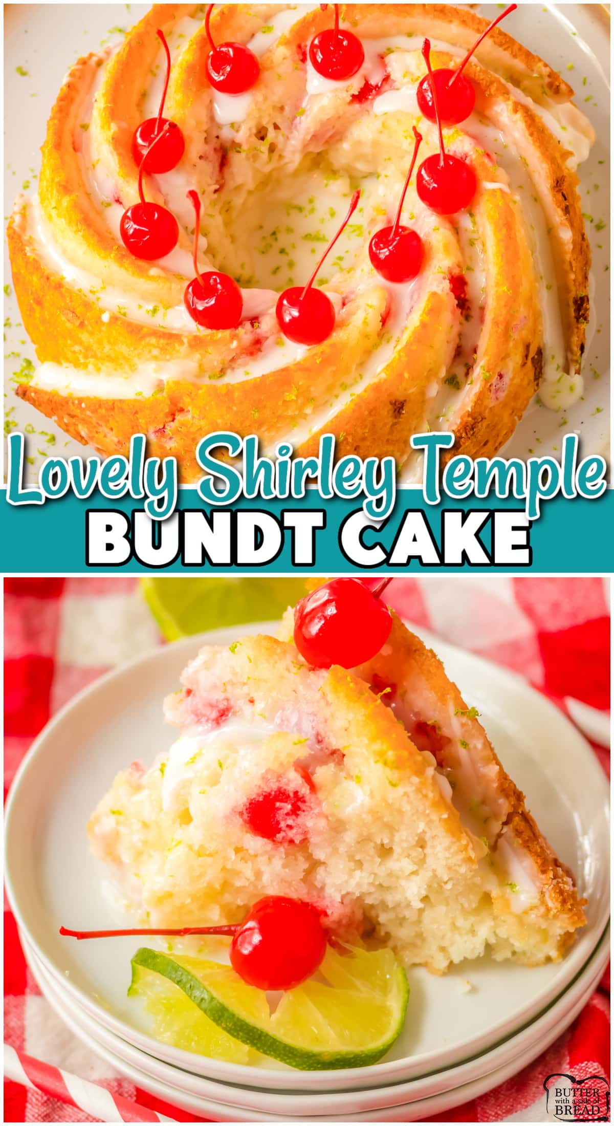 Shirley Temple Bundt Cake starts with a cake mix, then adds 7-Up, cherries & more lemon lime flavor! Light, perfectly sweet lemon lime cake studded with cherries! 