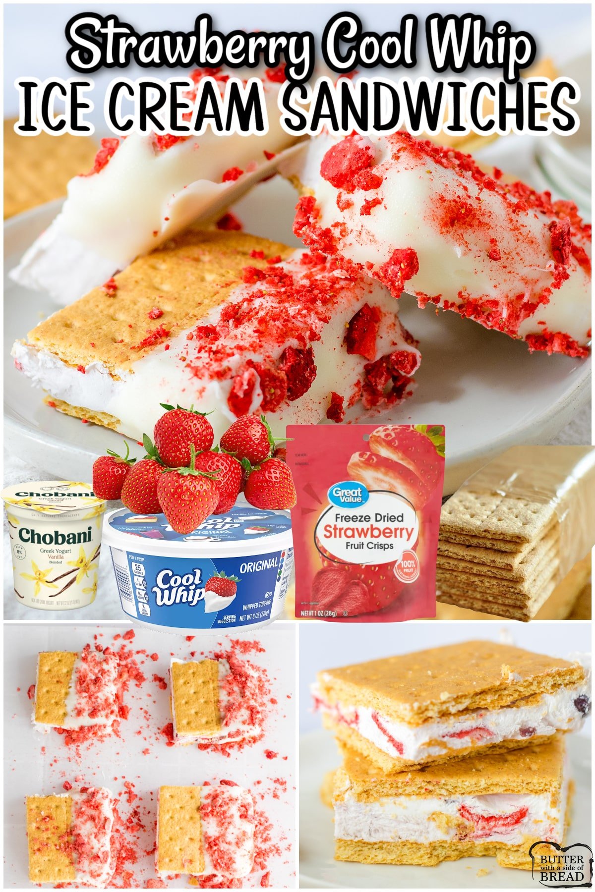 Strawberry Cool Whip Ice Cream Sandwiches made easy with just 5 ingredients! Chilled, refreshing graham cracker sandwiches with bright strawberry flavor everyone loves!