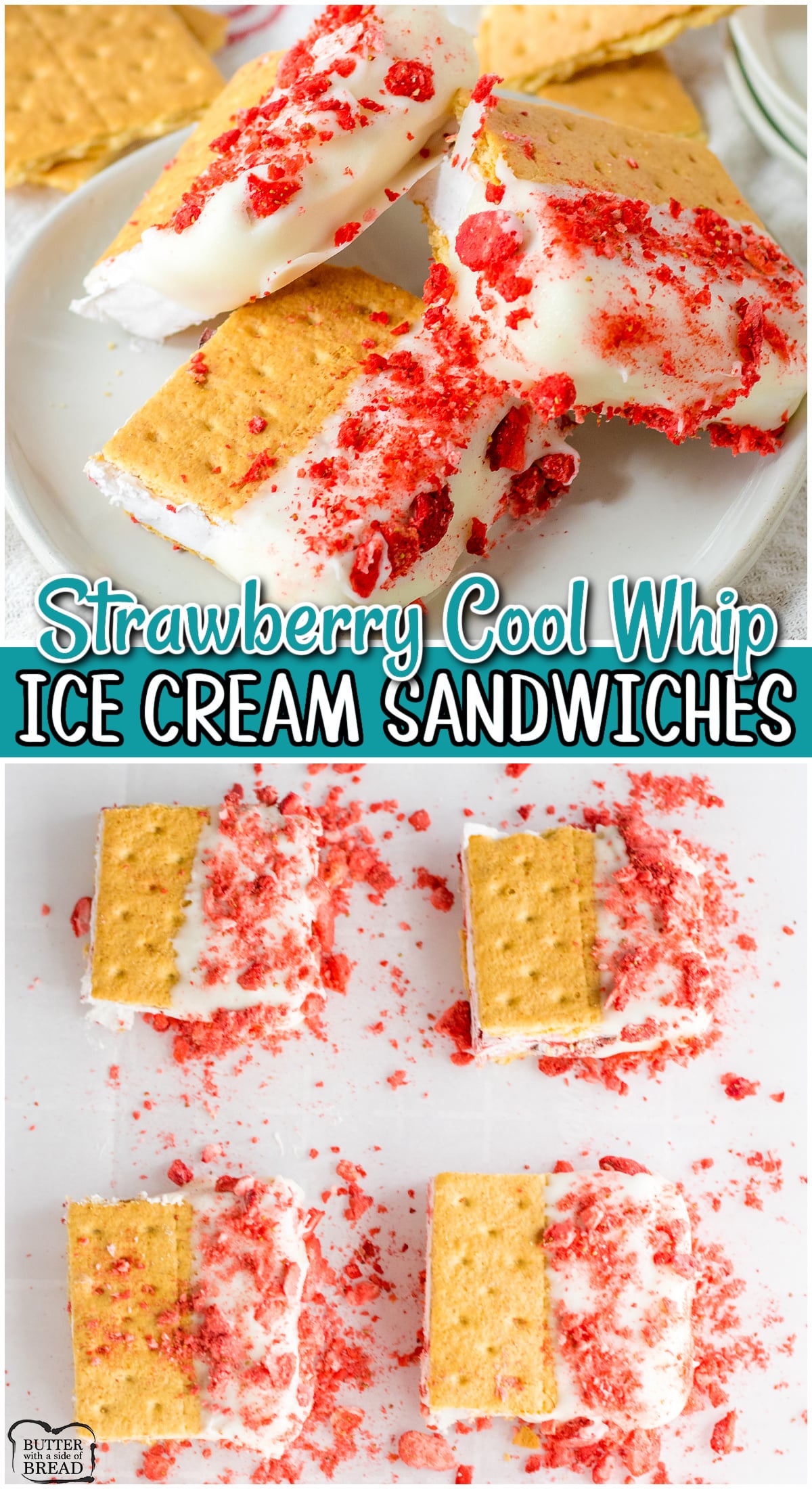 Strawberry Cool Whip Ice Cream Sandwiches made easy with just 5 ingredients! Chilled, refreshing graham cracker sandwiches with bright strawberry flavor everyone loves!