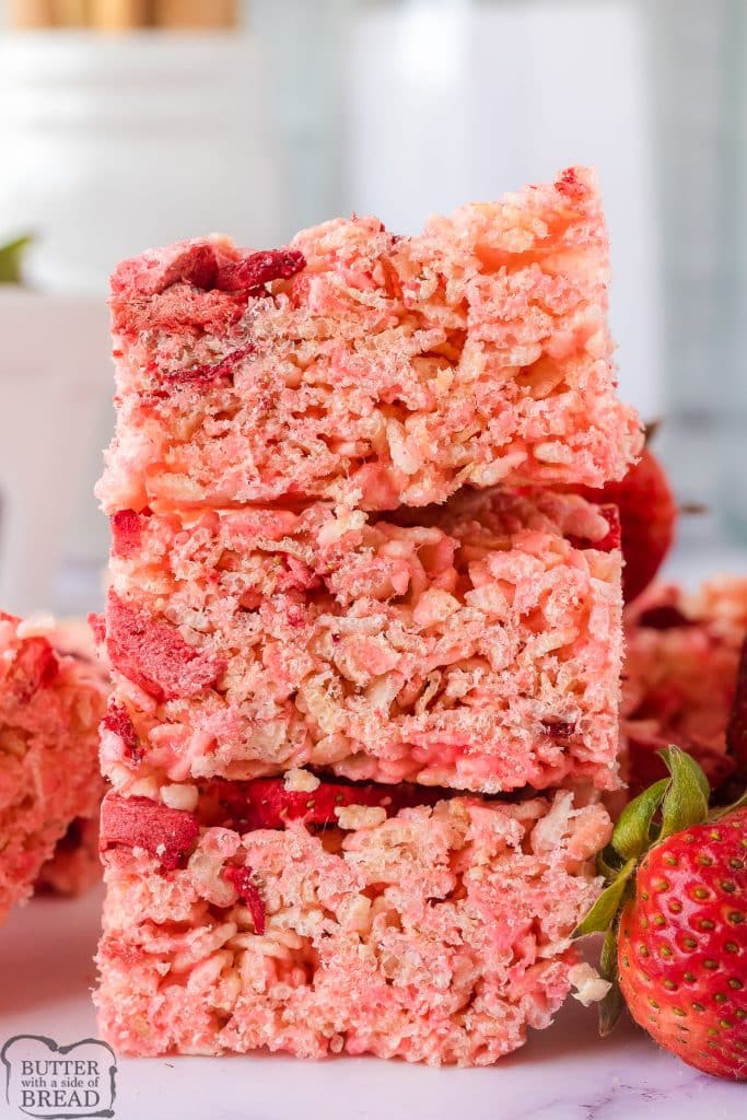 strawberry rice krispie treats stacked on top of each other