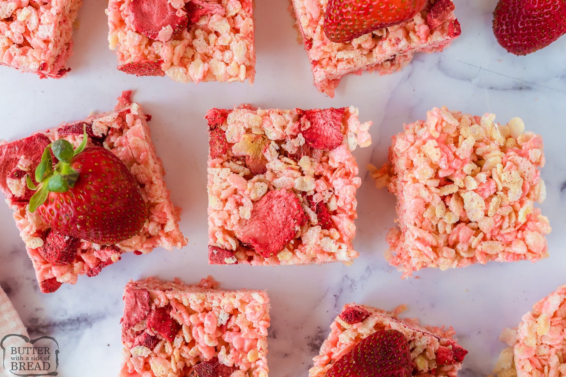 strawberry krispie treats cut into squares
