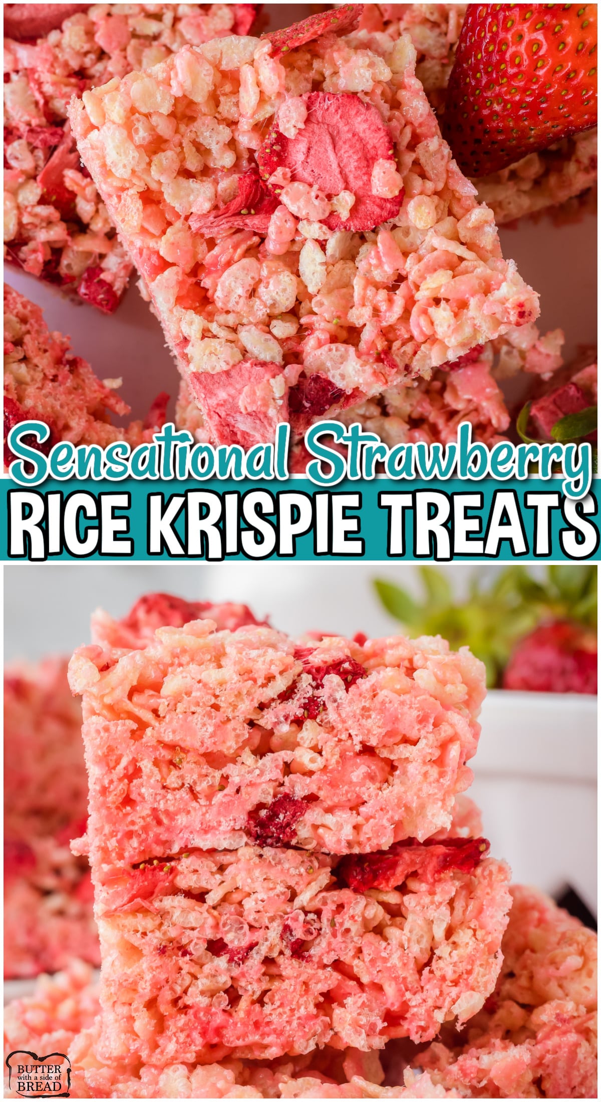 Strawberry Rice Krispie Treats made with the classic cereal, butter & marshmallows, but now with sweet strawberry added in! You'll love this pink, fruity take on traditional krispie treats!