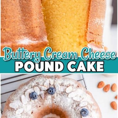 Buttery Cream Cheese Pound Cake has a light, moist texture and amazing butter almond vanilla flavors! Dust with powdered sugar and serve with fresh berries for a delightful treat!