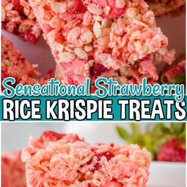 Strawberry Rice Krispie Treats made with the classic cereal, butter & marshmallows, but now with sweet strawberry added in! You'll love this pink, fruity take on traditional krispie treats!