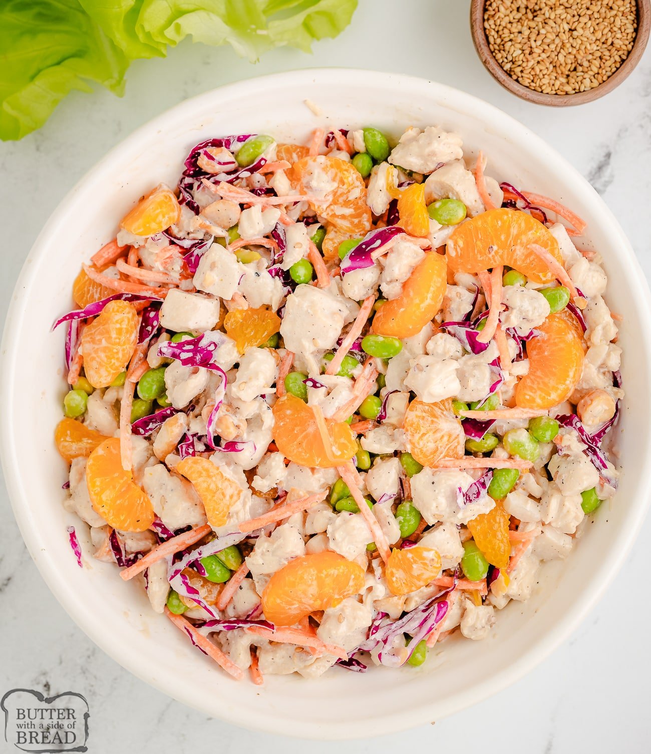 bowl of cold chicken salad with Asian flavors