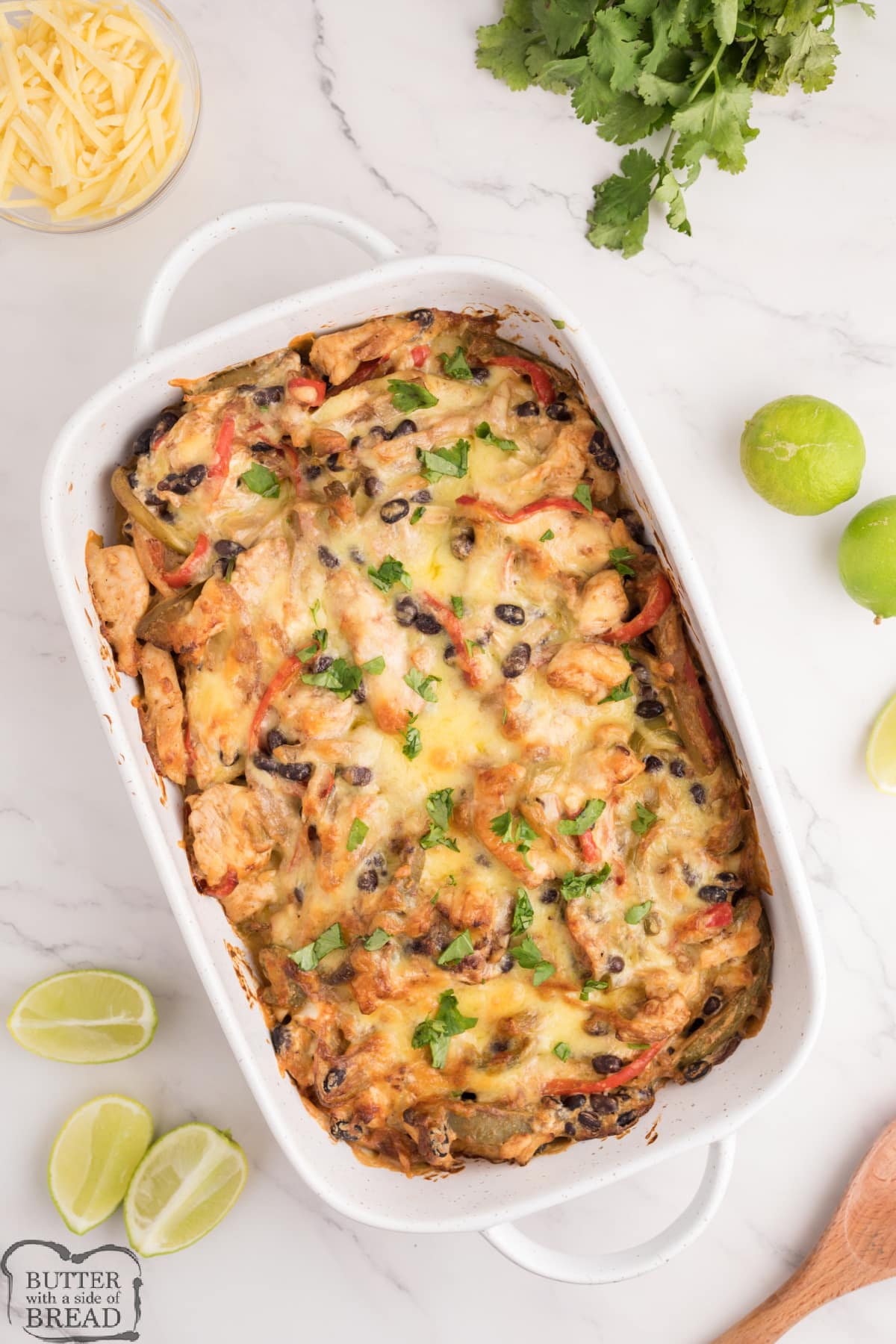 Casserole recipe with chicken, peppers, onions, black beans and cheese