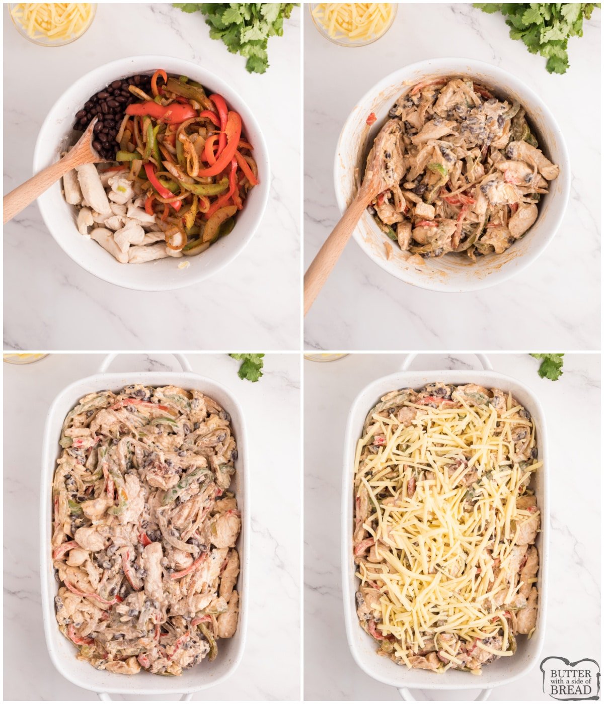 Step by step instructions on how to assemble Chicken Fajita Casserole recipe