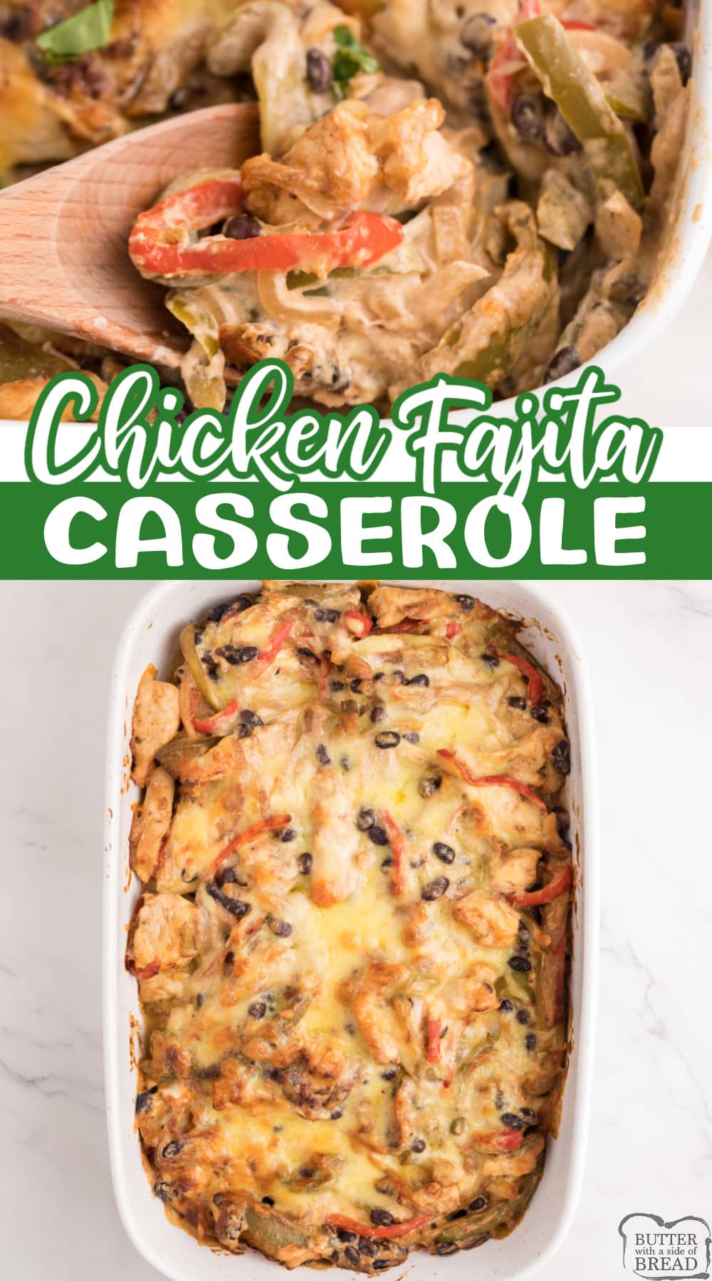 Chicken Fajita Casserole combines the flavors of chicken fajitas in a delicious casserole.  Chicken, peppers, onions and black beans are combined with a creamy cheese mixture before being baked to perfection.
