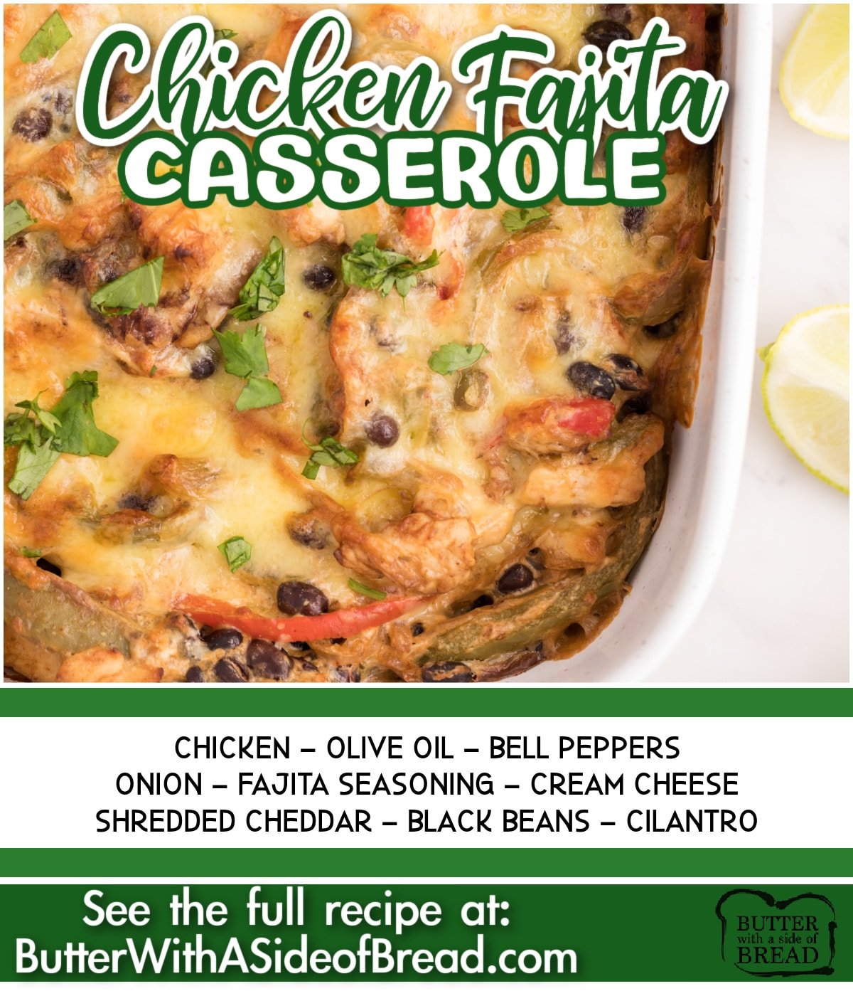 Chicken Fajita Casserole combines the flavors of chicken fajitas in a delicious casserole.  Chicken, peppers, onions and black beans are combined with a creamy cheese mixture before being baked to perfection.