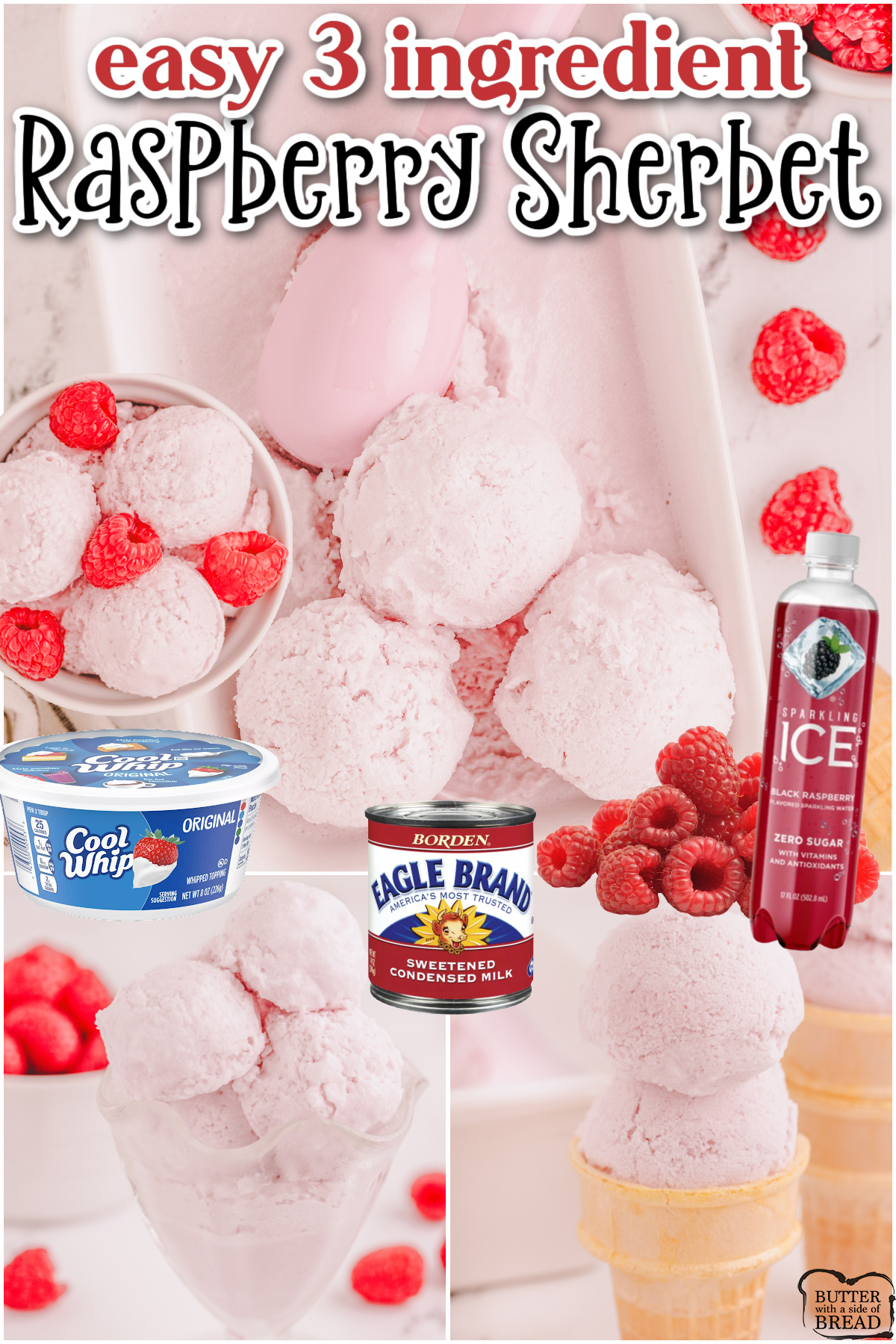 Fun & tasty Raspberry Sherbet recipe made with just 3 ingredients! Fantastic raspberry flavor in this creamy sherbet made with whipped topping, sweetened condensed milk & sparkling water!