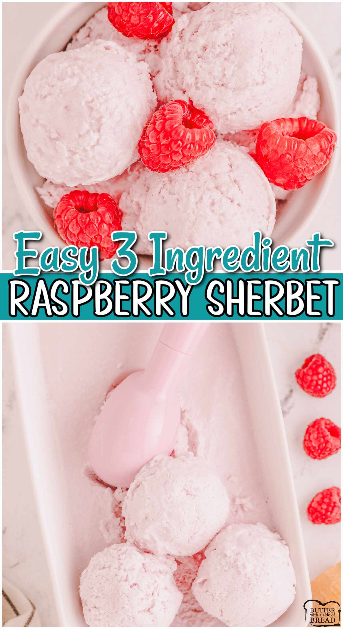 Fun & tasty Raspberry Sherbet recipe made with just 3 ingredients! Fantastic raspberry flavor in this creamy sherbet made with whipped topping, sweetened condensed milk & sparkling water!