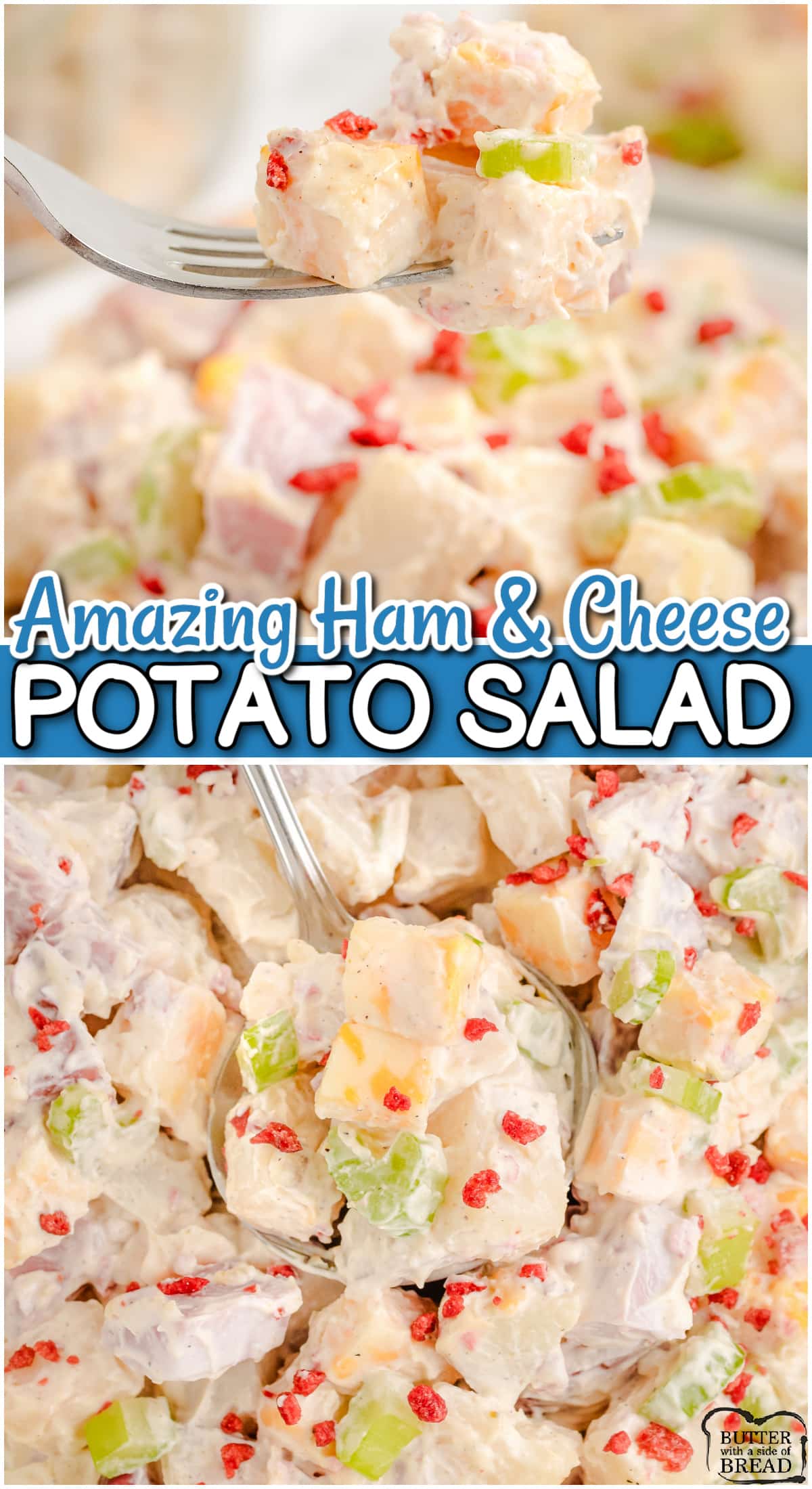 Delicious, hearty Ham and Cheese Potato Salad perfect for potlucks! Take this easy potato salad up a notch with the savory additions of ham and cheddar that everyone goes crazy over!