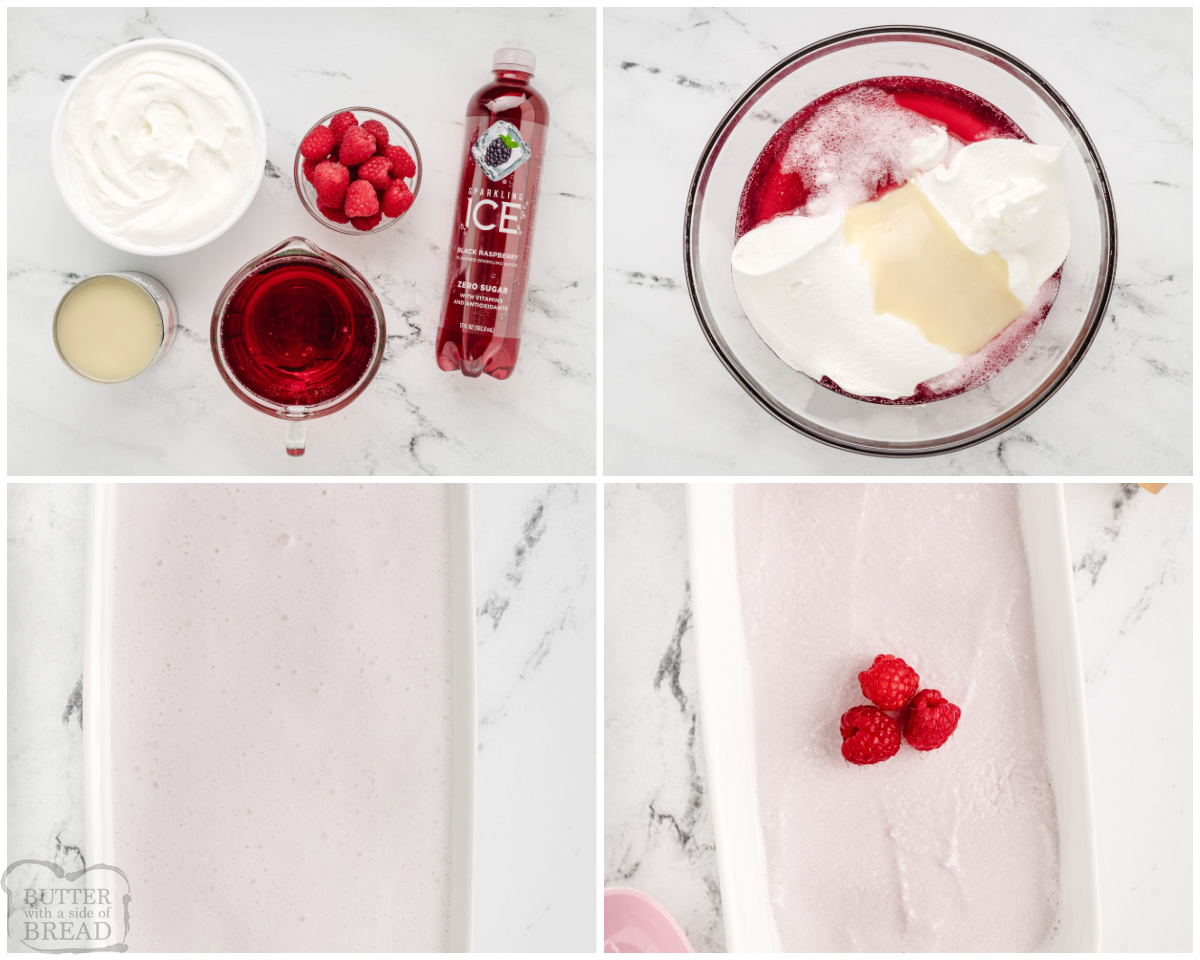 how to make easy raspberry sherbet with whipped topping, sweetened condensed milk and raspberry sparkling water