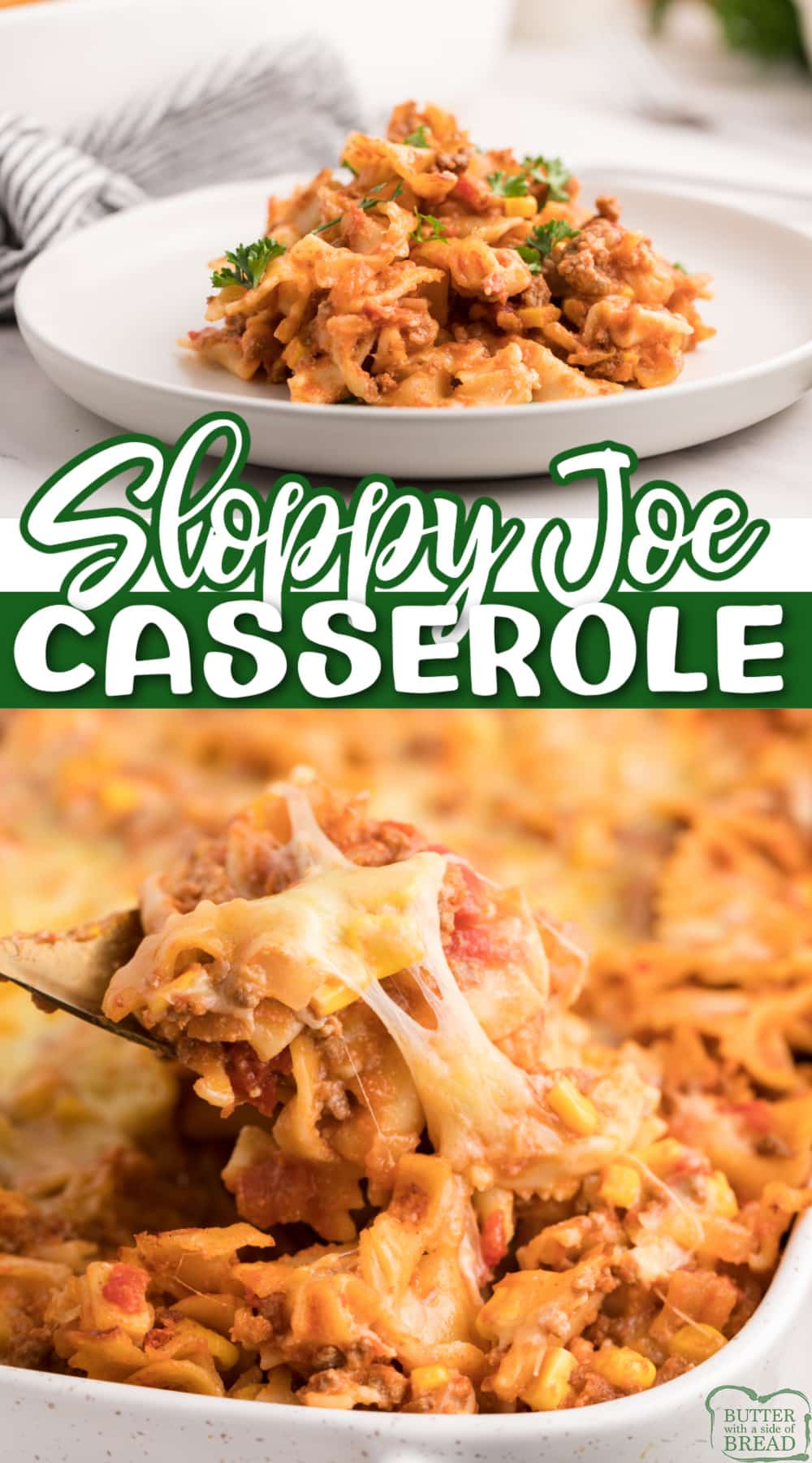 Sloppy Joe Casserole made with pasta coated in a ground beef, tomato and cheese based sauce, topped with yet more cheese and baked to perfection.  Easy weeknight dinner recipe that the whole family will enjoy! 