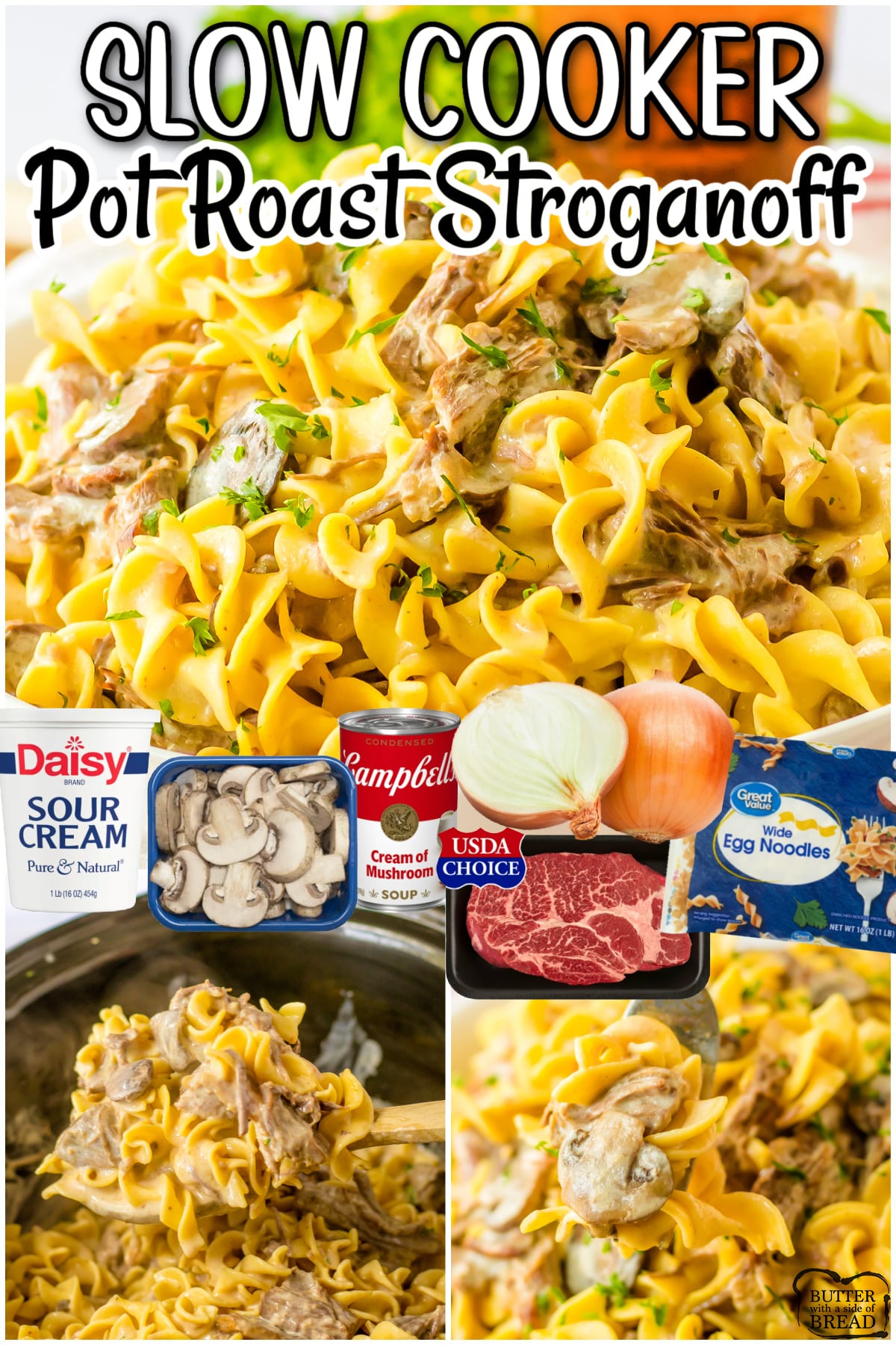 Slow Cooker Pot Roast Stroganoff is a hearty, comforting meal perfect for weeknight dinner! Beef roast & mushrooms slowly cook until fall-apart tender, then combine with sour cream & served on egg noodles for a delicious dish.
