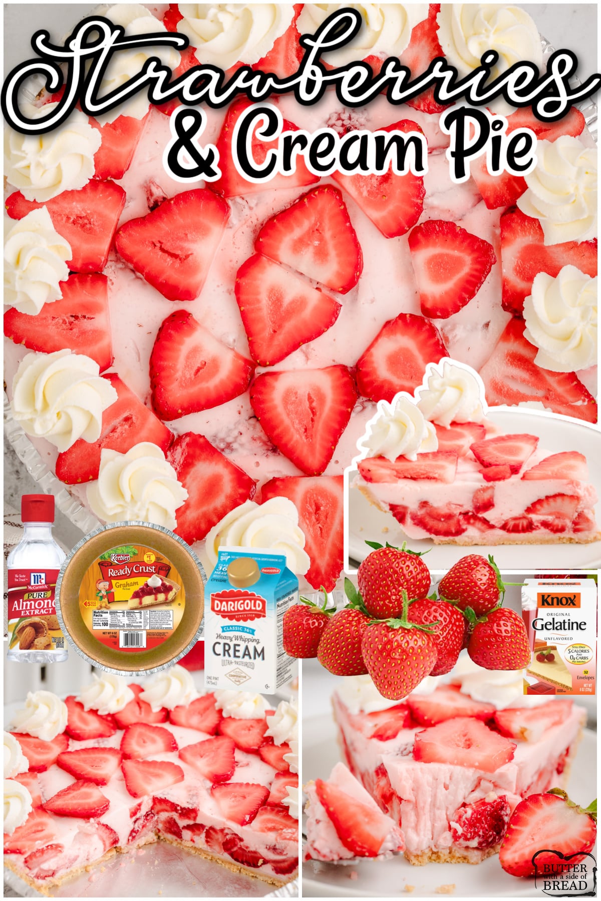 We love this Easy Strawberries and Cream Pie! Made with fresh strawberries & sweet homemade whipped cream in a graham cracker crust, this pie is always a hit! 