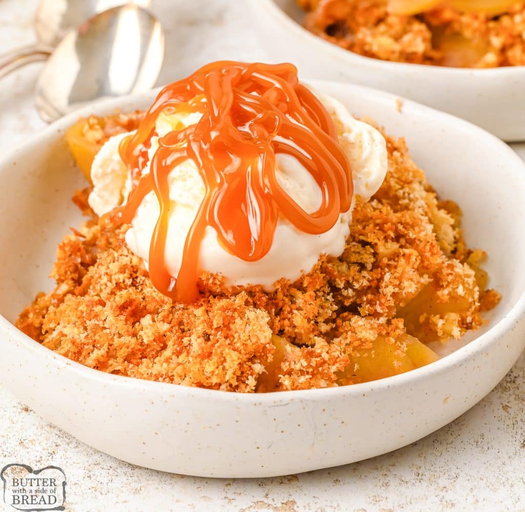apple brown betty dessert in a white bowl