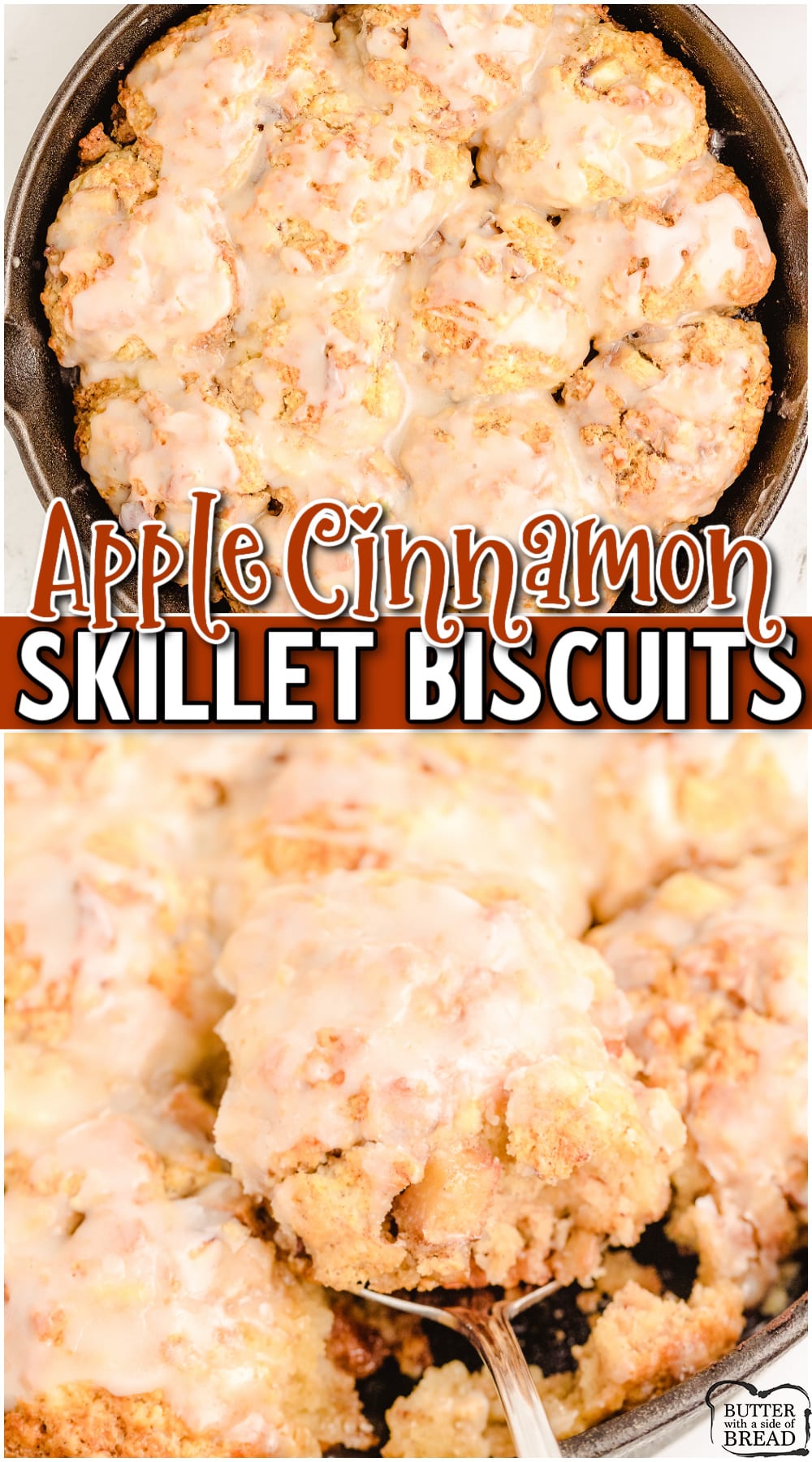 Tender, sweet Apple Cinnamon Biscuits made with simple ingredients & baked in a cast iron skillet dotted with butter! Amazing cinnamon biscuits drizzled with a warm vanilla glaze.