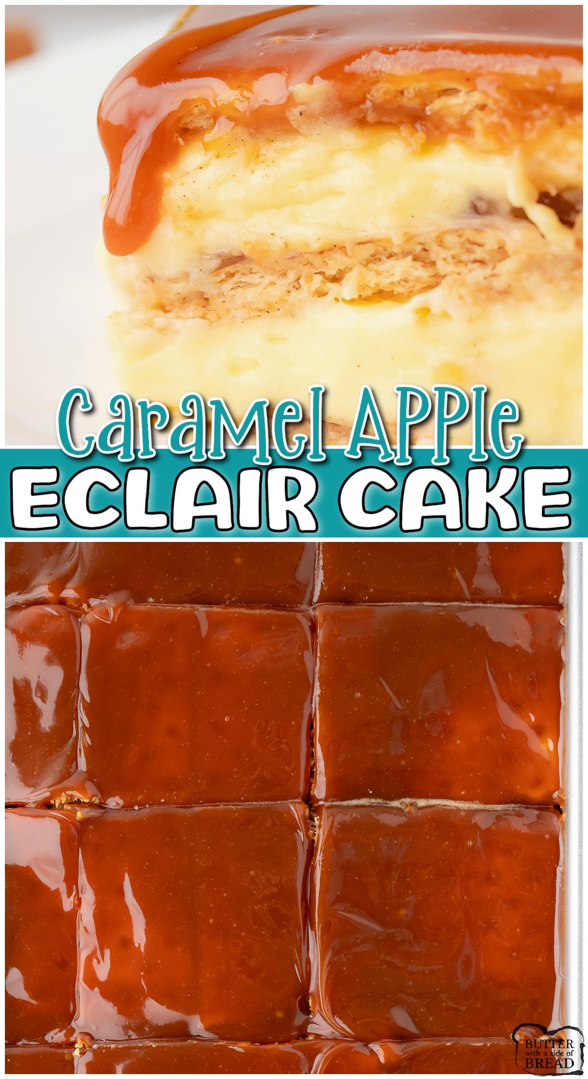 Caramel Apple Eclair Cake is a decadent, no-bake dessert made with graham crackers, spiced apple pie filling, caramel & sweet cream!