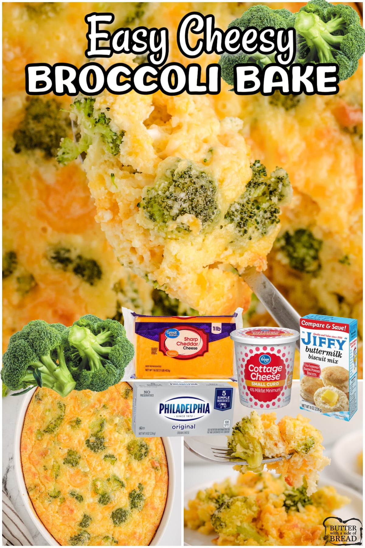 Broccoli Cheddar Casserole packed with 3 different cheeses, eggs, biscuit mix and broccoli florets for a delicious, hearty side dish! Classic broccoli bake Grandma used to make!