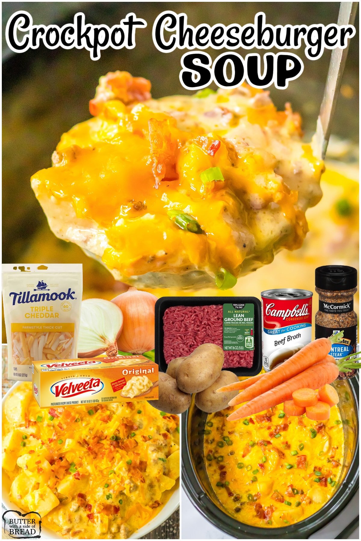 Crockpot Cheeseburger Soup is a hearty dinner full of flavor! Creamy hamburger soup  made with ground beef, potatoes & savory seasonings!