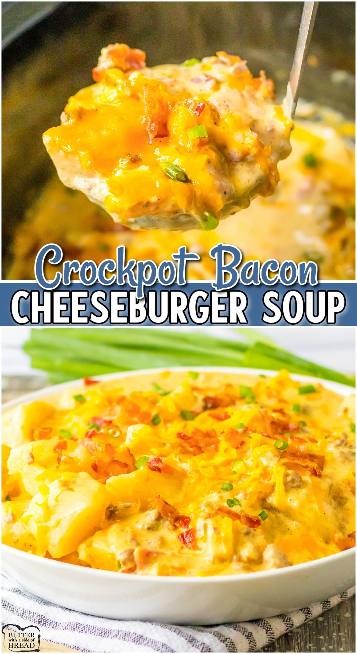 Crockpot Cheeseburger Soup is a hearty dinner full of flavor! This creamy hamburger soup recipe is made with ground beef, bacon, potatoes & a blend of savory seasonings everyone loves!