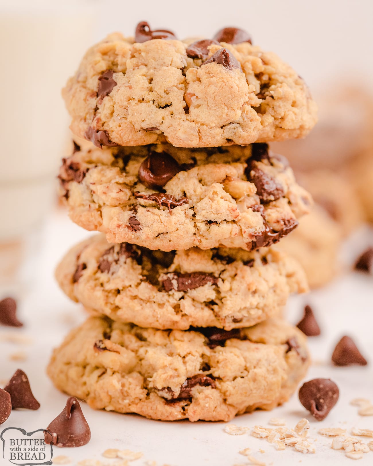 stack of oatmeal chocolate chip cookies with walnuts