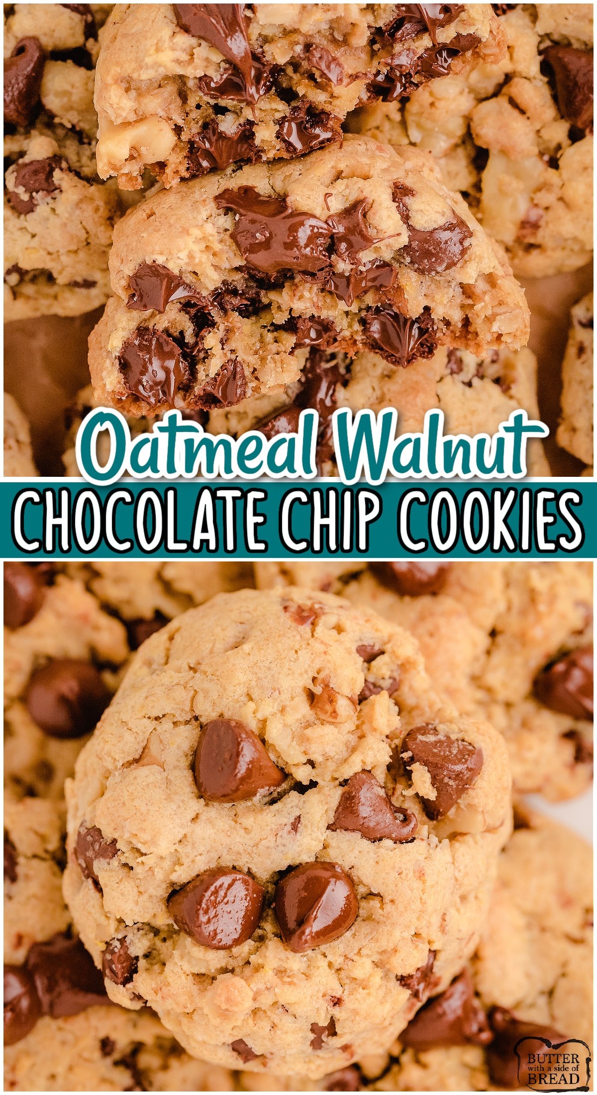 Oatmeal Walnut Chocolate Chip cookies that are soft, chewy and studded with tons of chocolate! These loaded oatmeal cookies have crisp buttery edges & gooey centers; they're the perfect cookie!