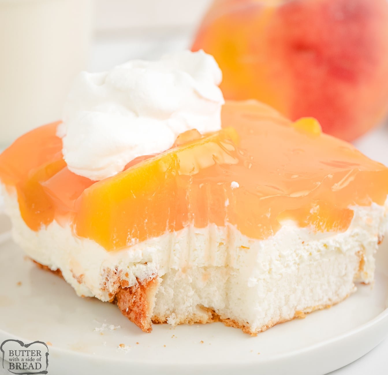 forkful from an angel food cake with peaches