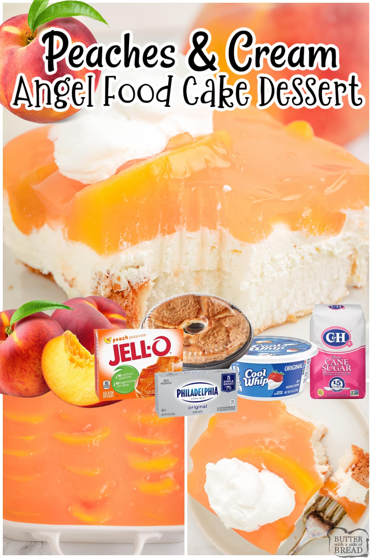 Peach Angel Food Cake Dessert is a light, refreshing treat made with angel food cake, peaches, jello & a sweet cream cheese topping! Perfect for using fresh peaches!