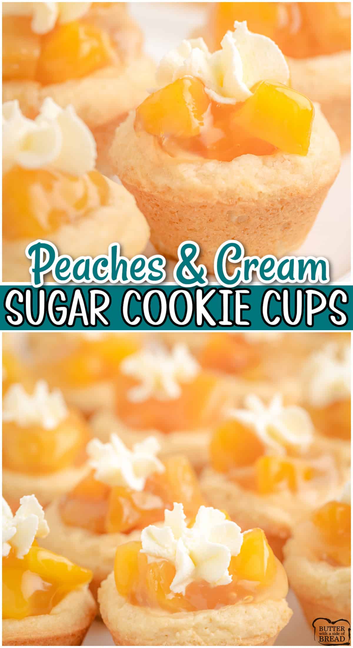 Peaches and Cream Cookie Cups made with buttery sugar cookie dough baked & filled with tangy peaches & topped with sweet cream. Delightful peach cookies everyone loves!