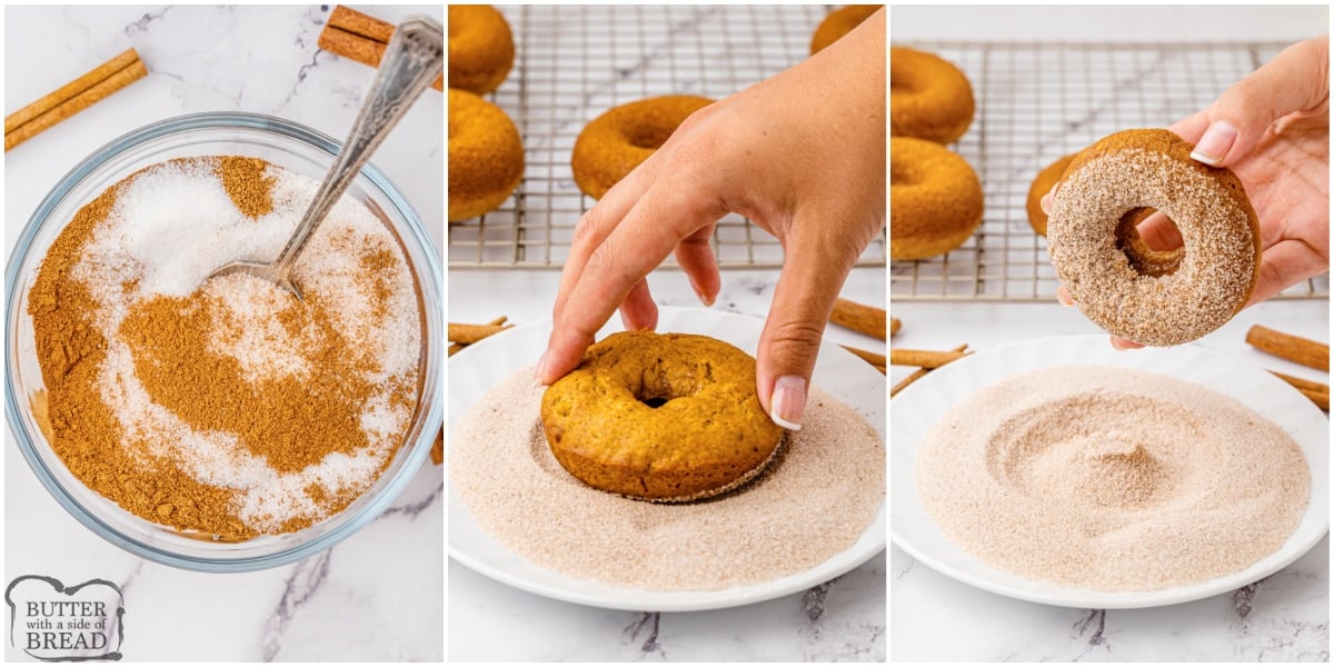 Dipping donuts in cinnamon sugar topping
