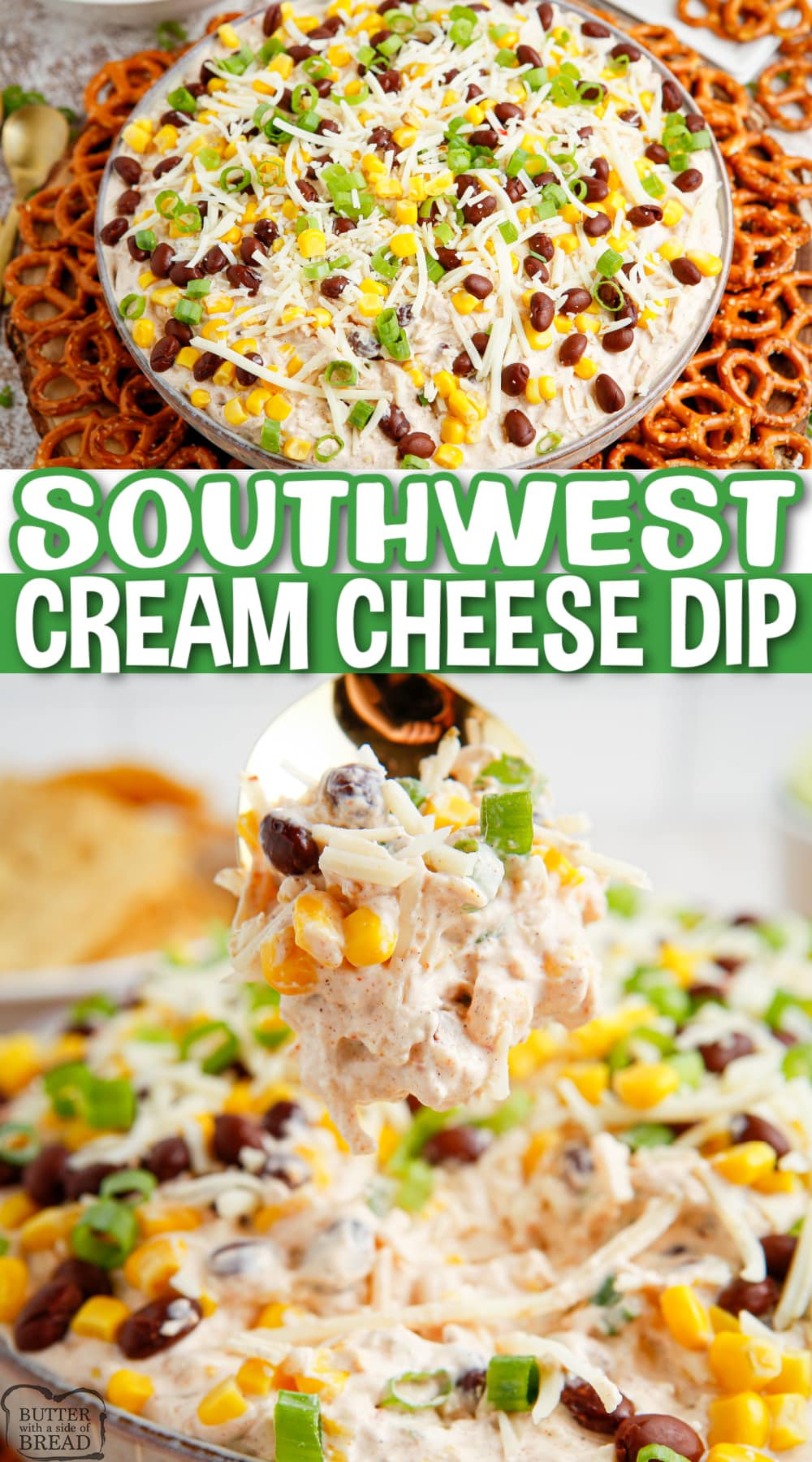 Southwest Cream Cheese Dip is full of flavor and pairs perfectly with chips, crackers or veggies. This simple dip is the perfect appetizer! 