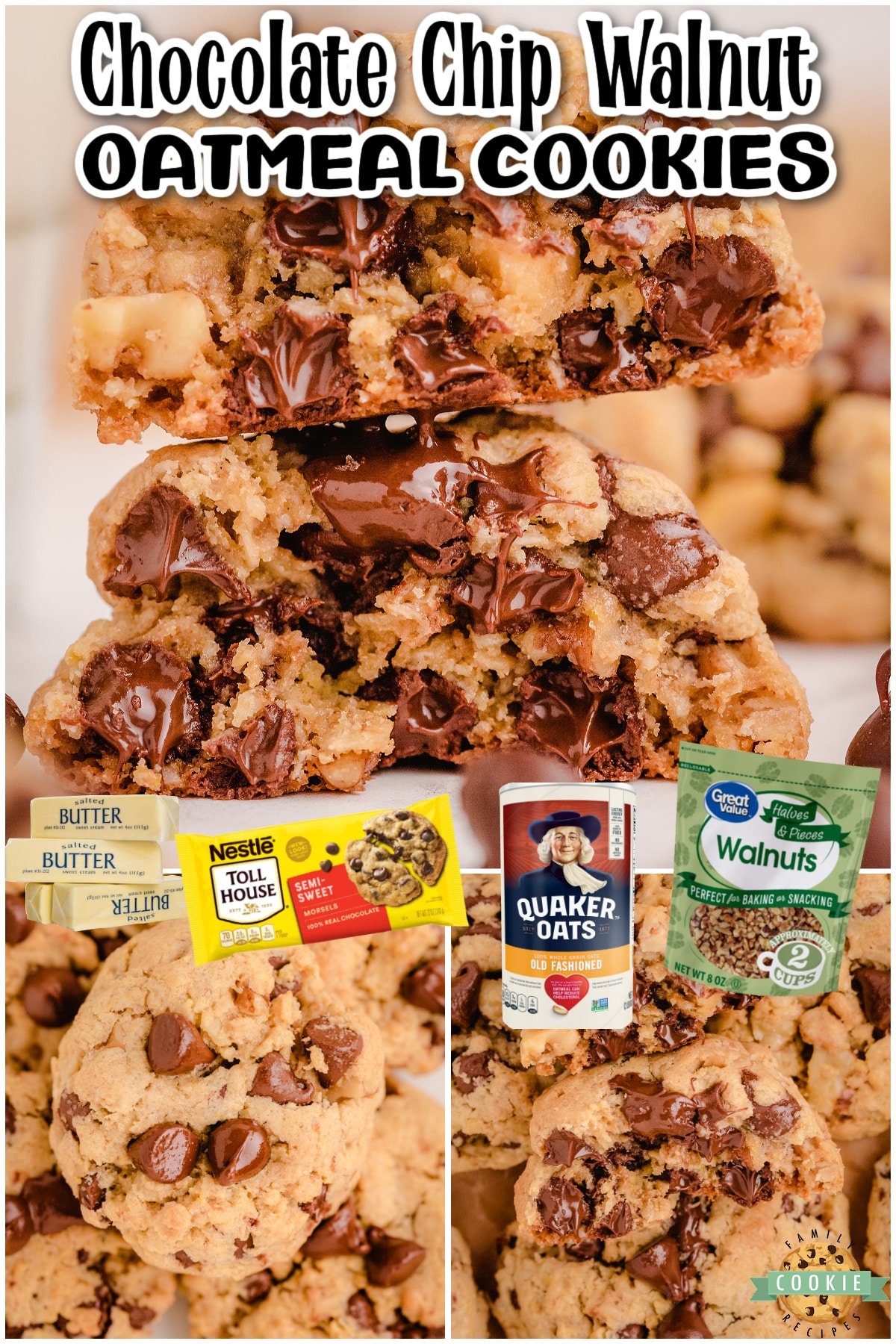 Oatmeal Walnut Chocolate Chip cookies that are soft, chewy and studded with tons of chocolate! These loaded oatmeal cookies have crisp buttery edges & gooey centers; they're the perfect cookie!