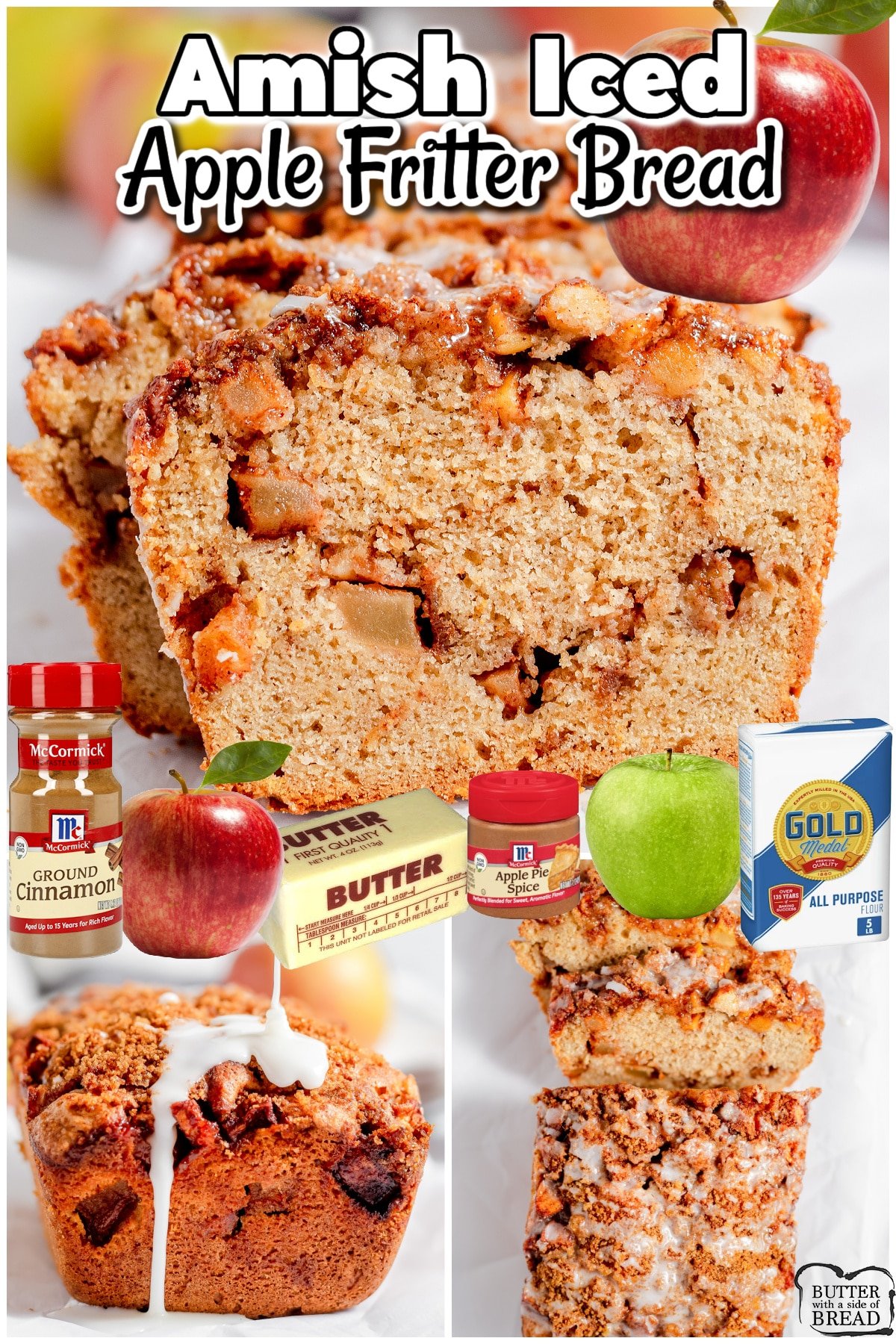 Amish Apple Fritter Bread uses classic ingredients like fresh apples, brown sugar, & butter that are baked into a spiced loaf & topped with sweet glaze! This apple cinnamon bread is a twist on the classic apple fritter donut, but in a soft bread form!