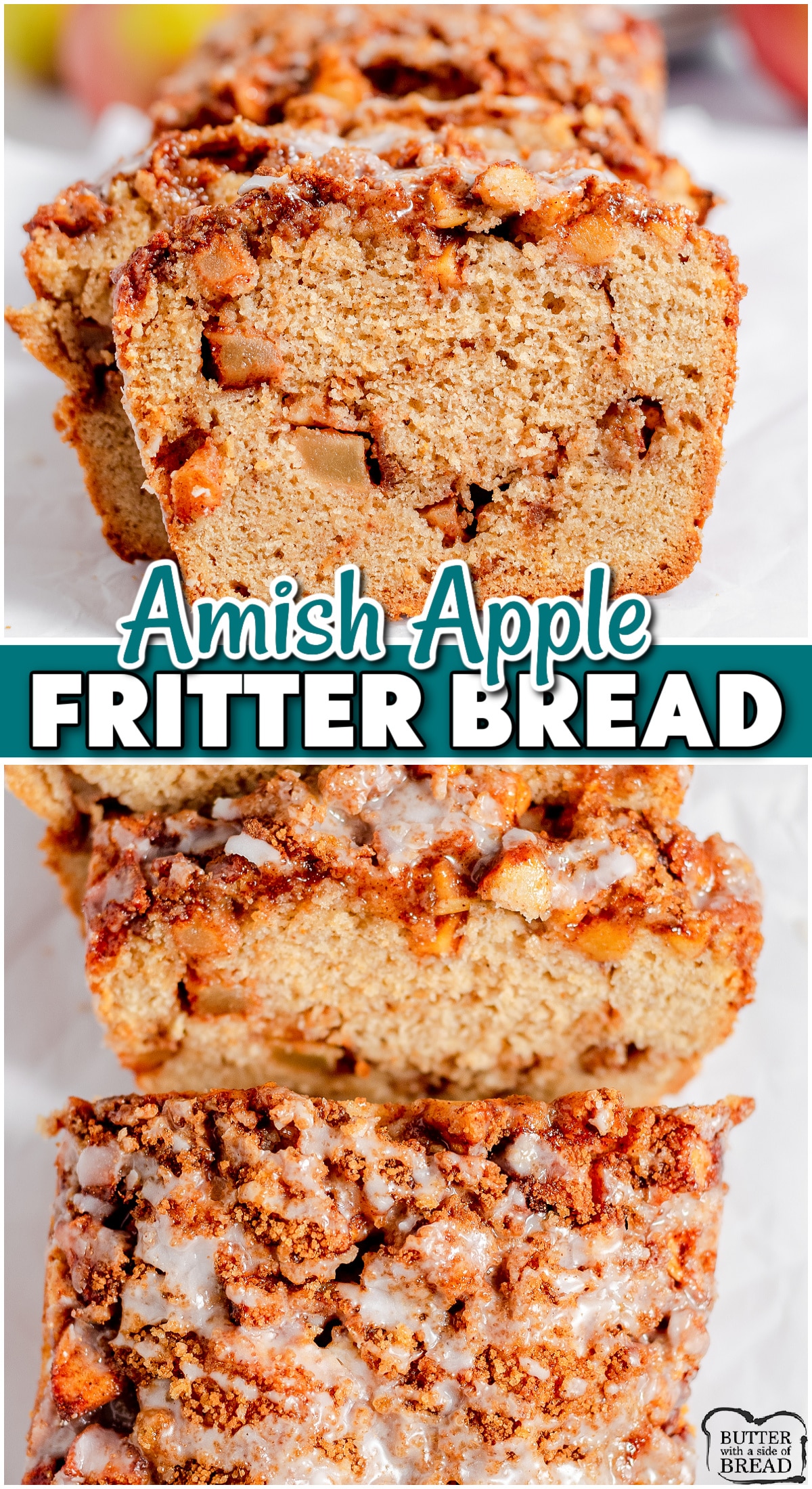 Amish Apple Fritter Bread uses classic ingredients like fresh apples, brown sugar, & butter that are baked into a spiced loaf & topped with sweet glaze! This apple cinnamon bread is a twist on the classic apple fritter donut, but in a soft bread form!