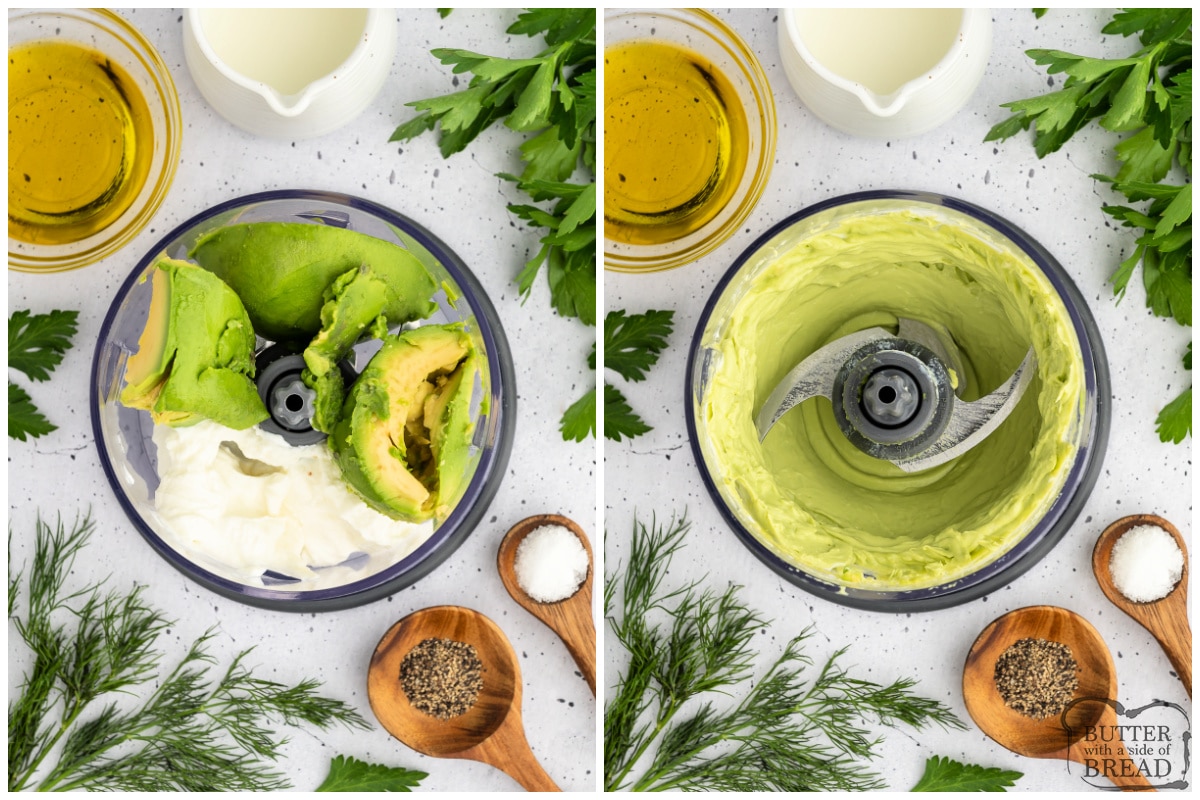 Blending avocado and greek yogurt in food processor
