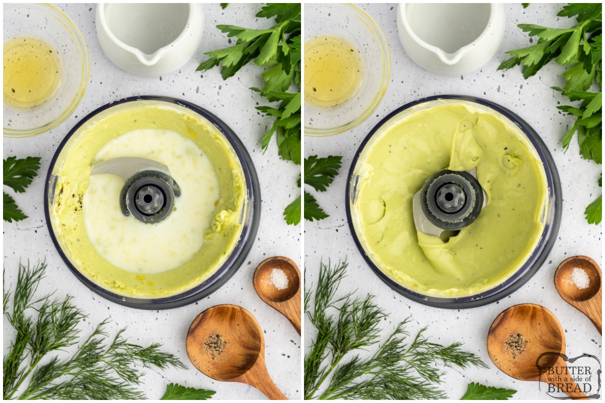 Add milk to achieve the desired consistency for avocado dressing