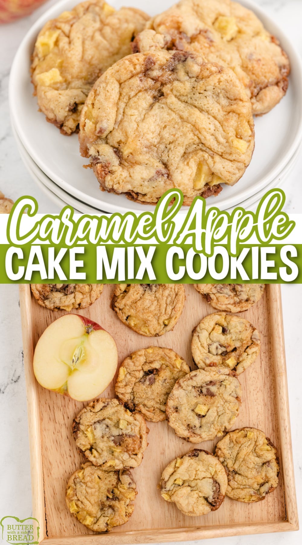 Caramel Apple Cake Mix Cookies are made with fresh apples, Rolo candies and a cake mix. Easy cake mix cookie recipe that is perfect for fall!